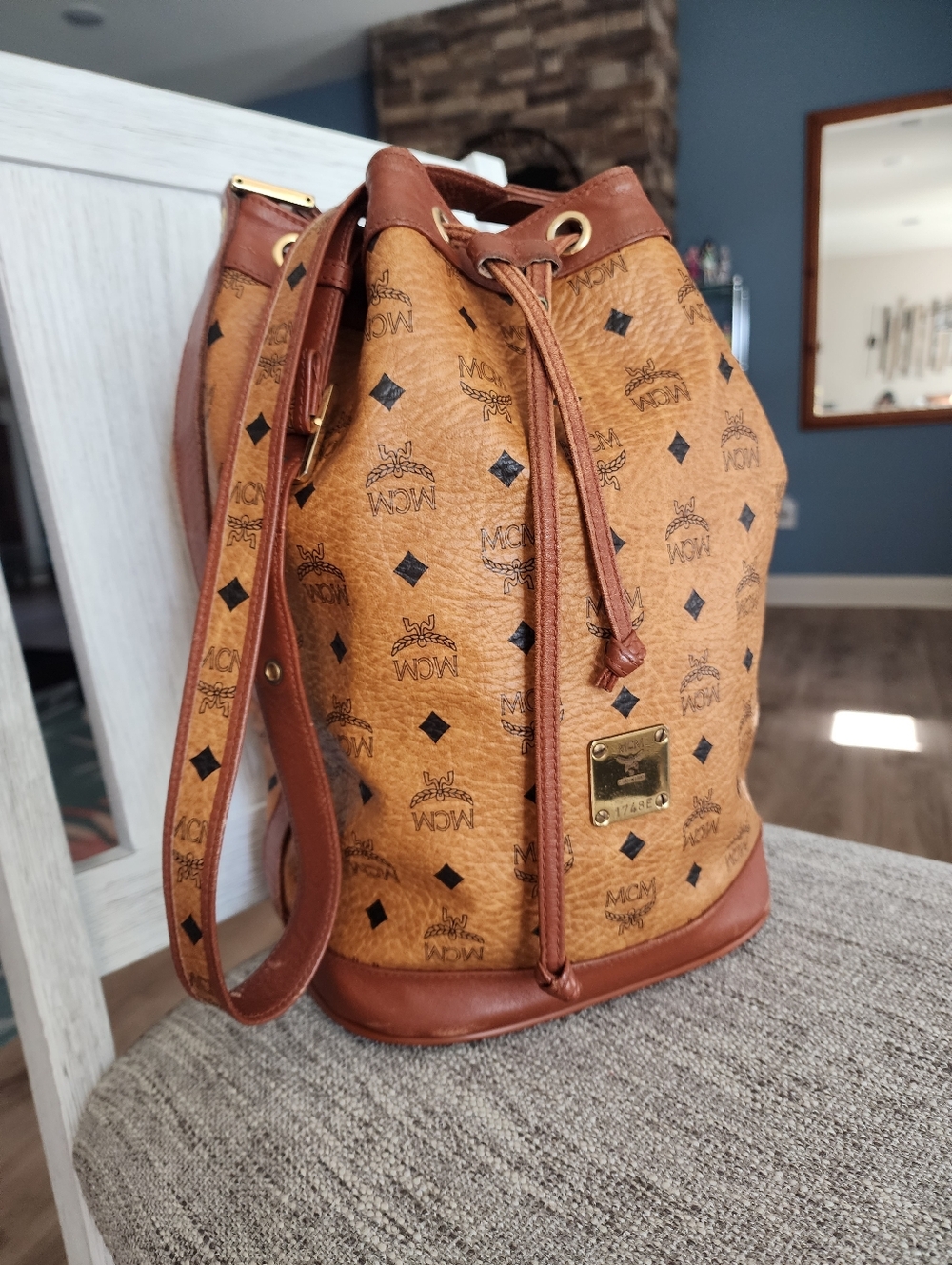 Authentic MCM Cognac Logo Visetos Drawstring Bucket Bag